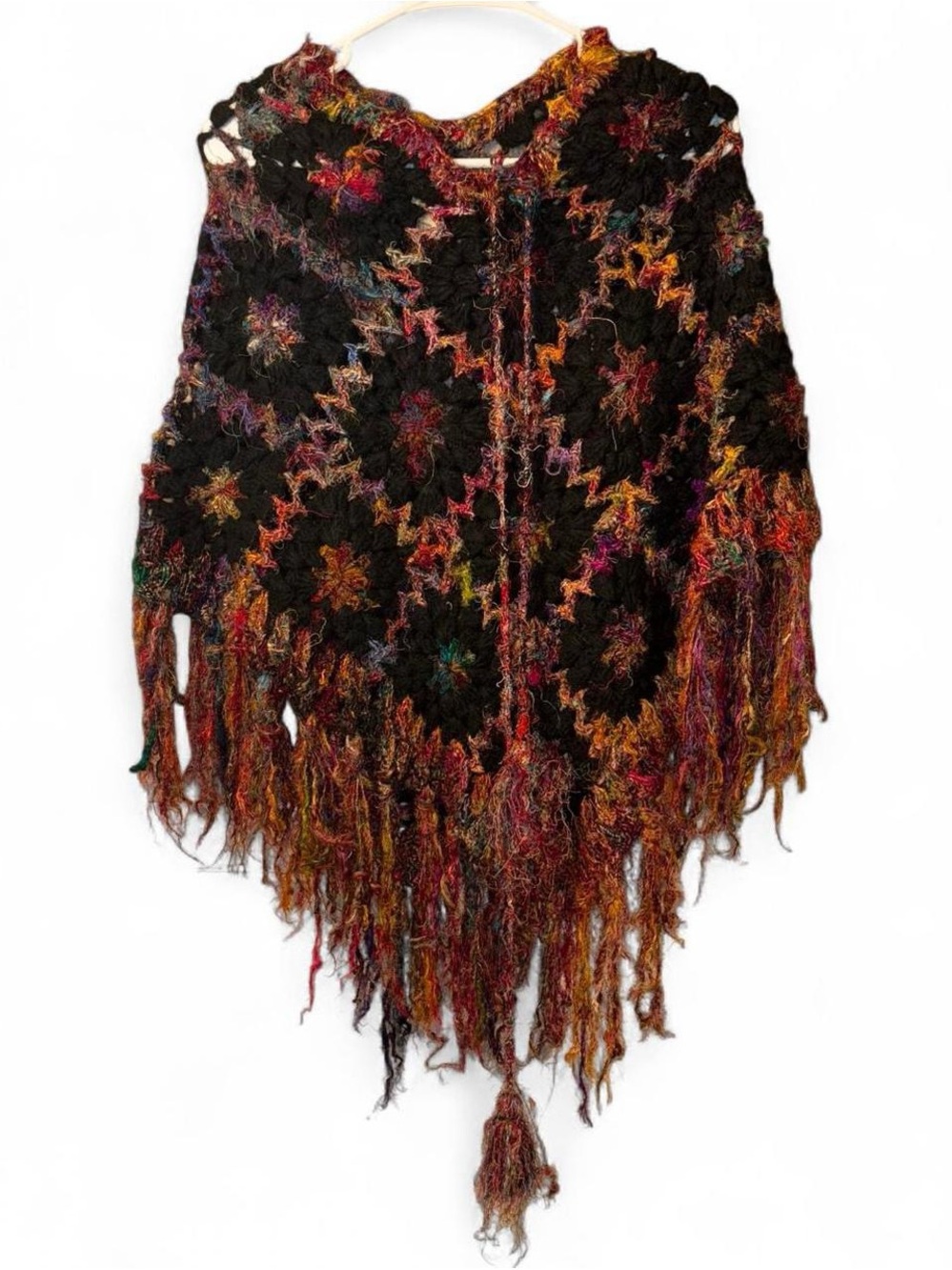 Lakhays Multicolor Fringe Crochet Poncho - Boho Layering Shrug
